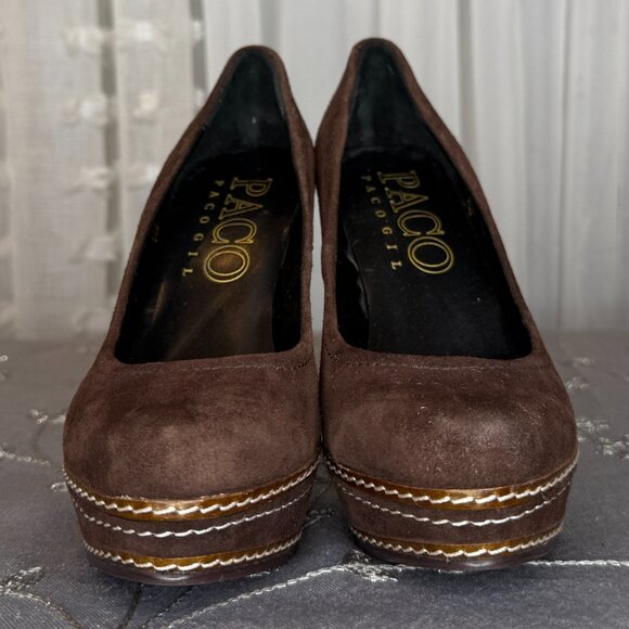 Paco Gil Brown Suede Welty Topstitched Platform High Heel Pumps Size 5.5 W - Picture 6 of 11